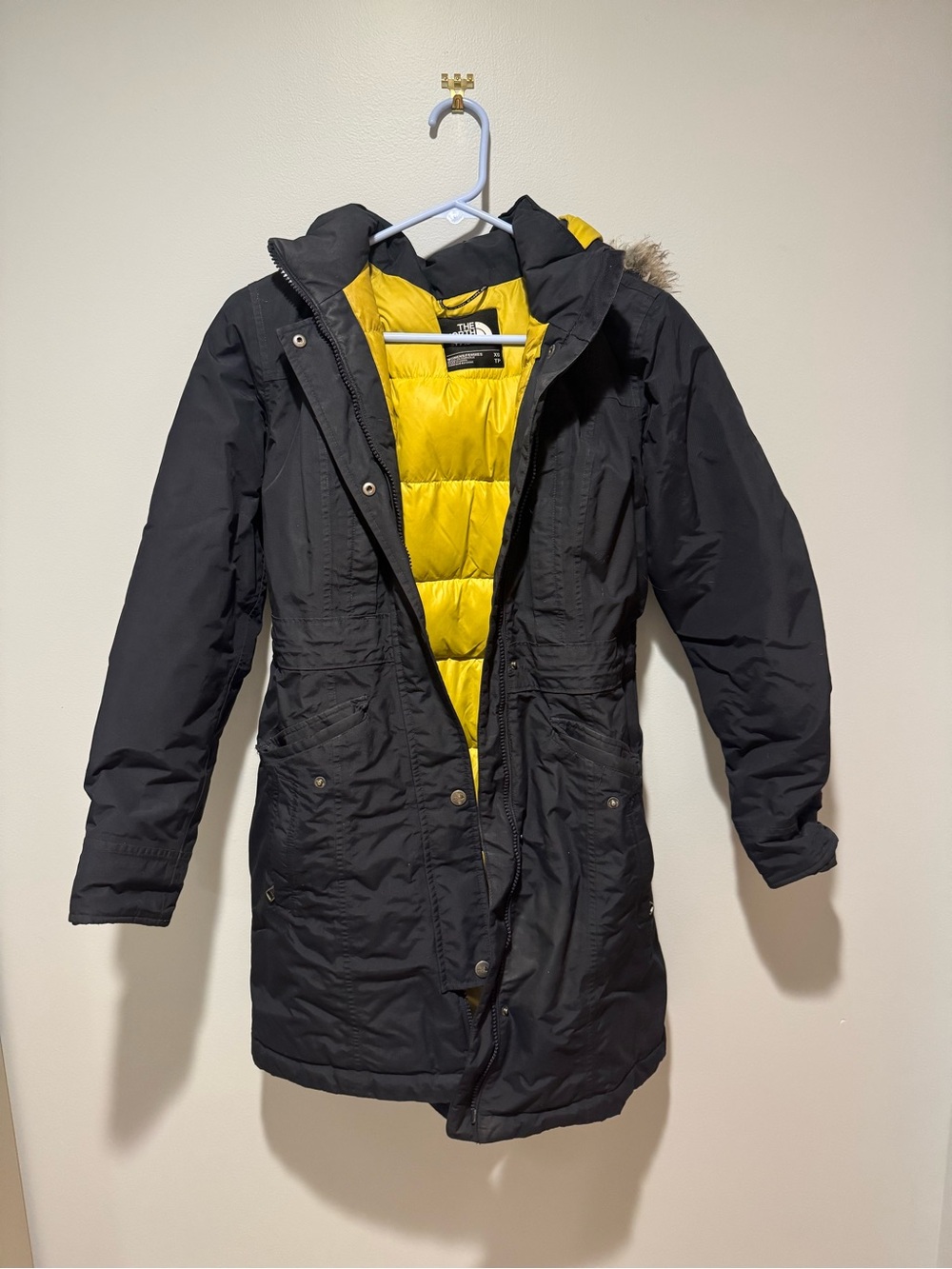North Face Down Feather coat XS Navy Blue Insulated Hooded Coat